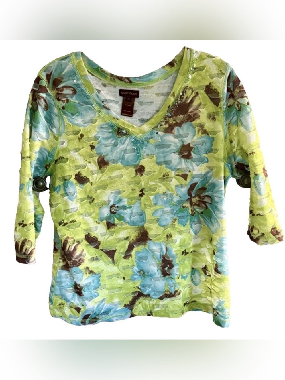 Multiples Lime Green Floral V-Neck Knit Top with Blue & Brown Accents